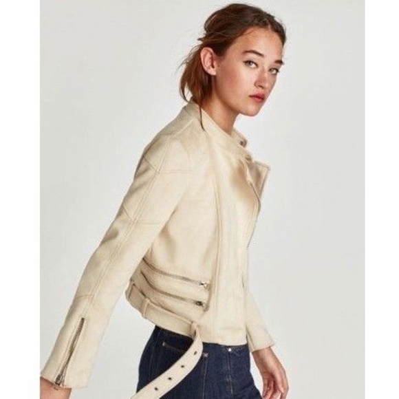 ZARA FAUX SUEDE BIKER JACKET STONE sz XS - Picture 4 of 8